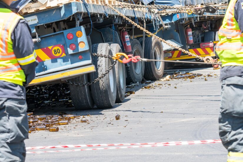 Truck jackknifed with chains