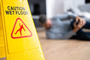 A man is lying on the floor and grabbing his knee after a slip-and-fall accident.